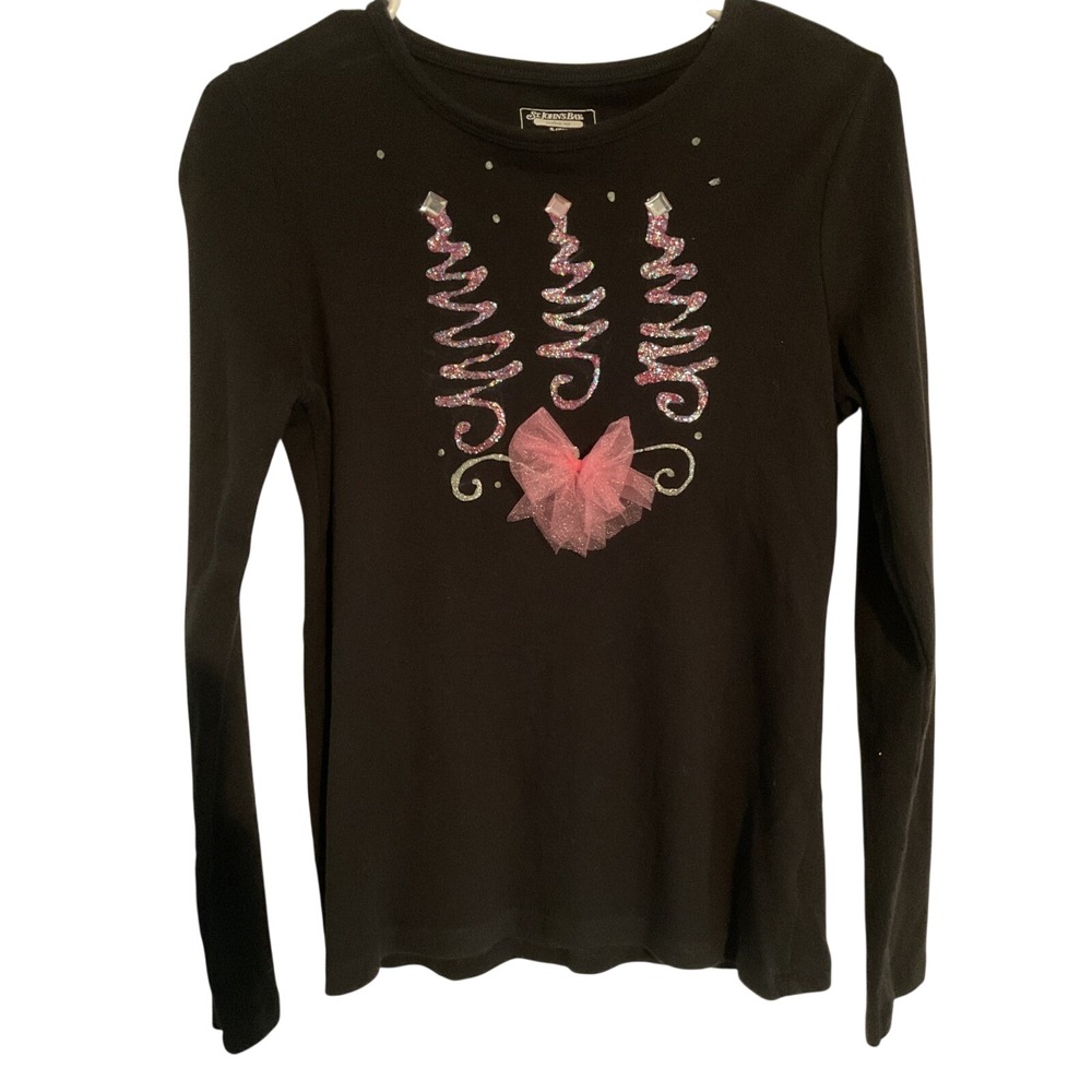 St Johns Bay Womens Small Black Christmas Tree Glitter Rhinestone Long Sleeve l